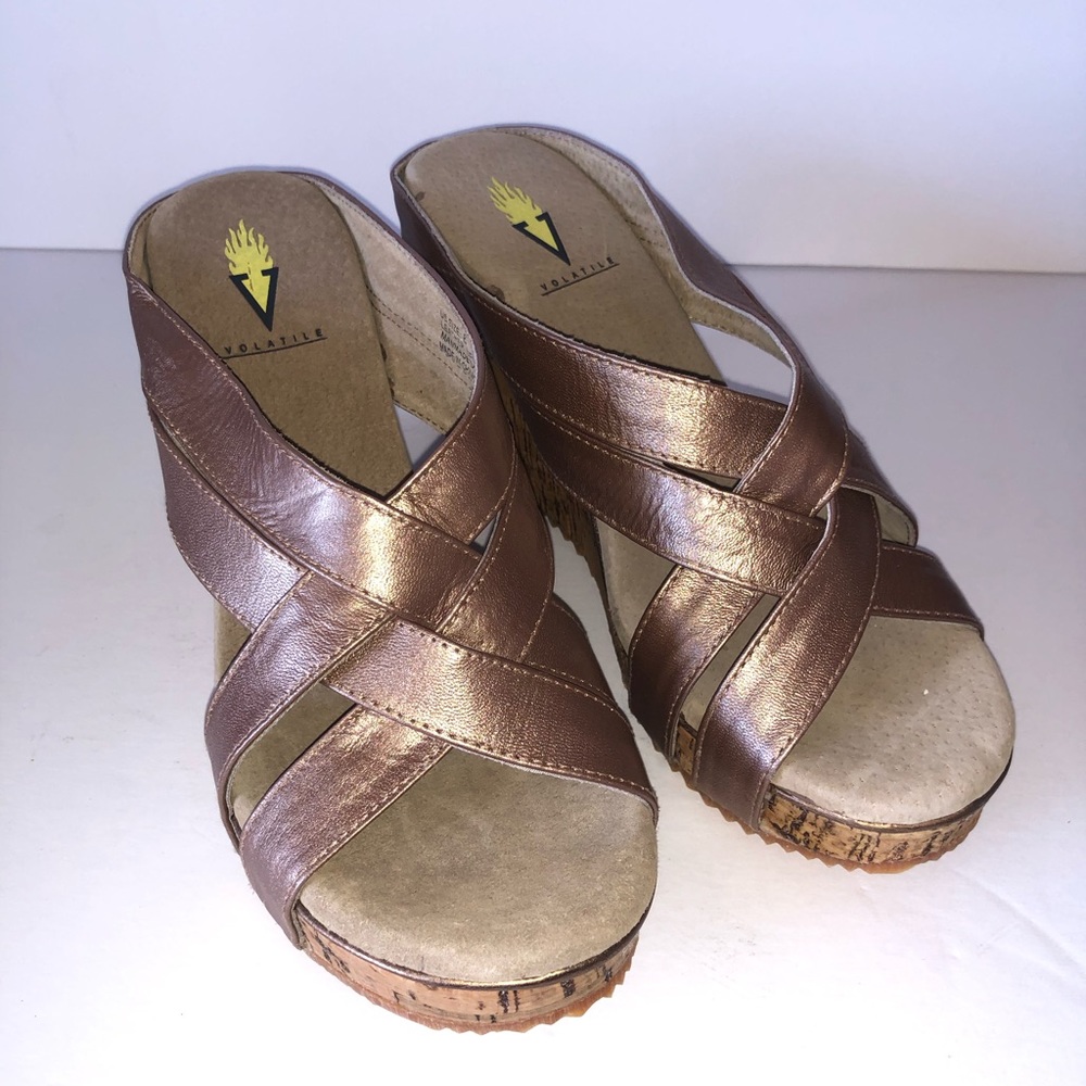 Volatile Cork Wedge Bronze Strap Sandal